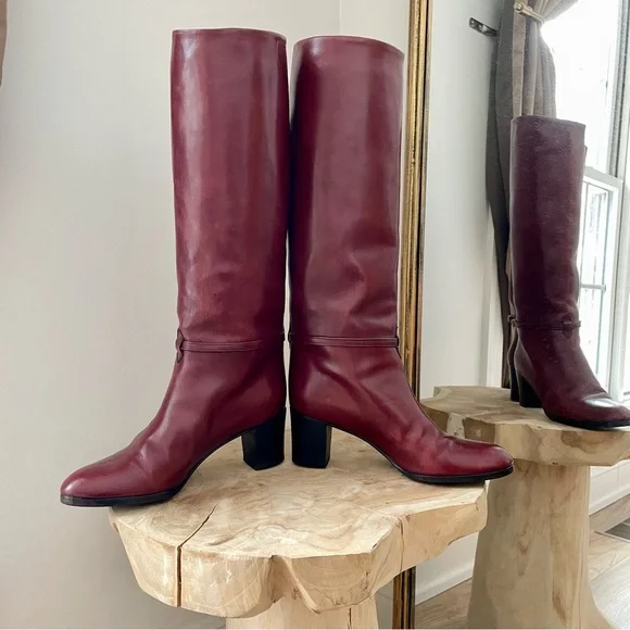 Vintage Lord & Taylor Leather Tall Block Heel Boots in Burgundy Red - 7.5 - Picture 3 of 7